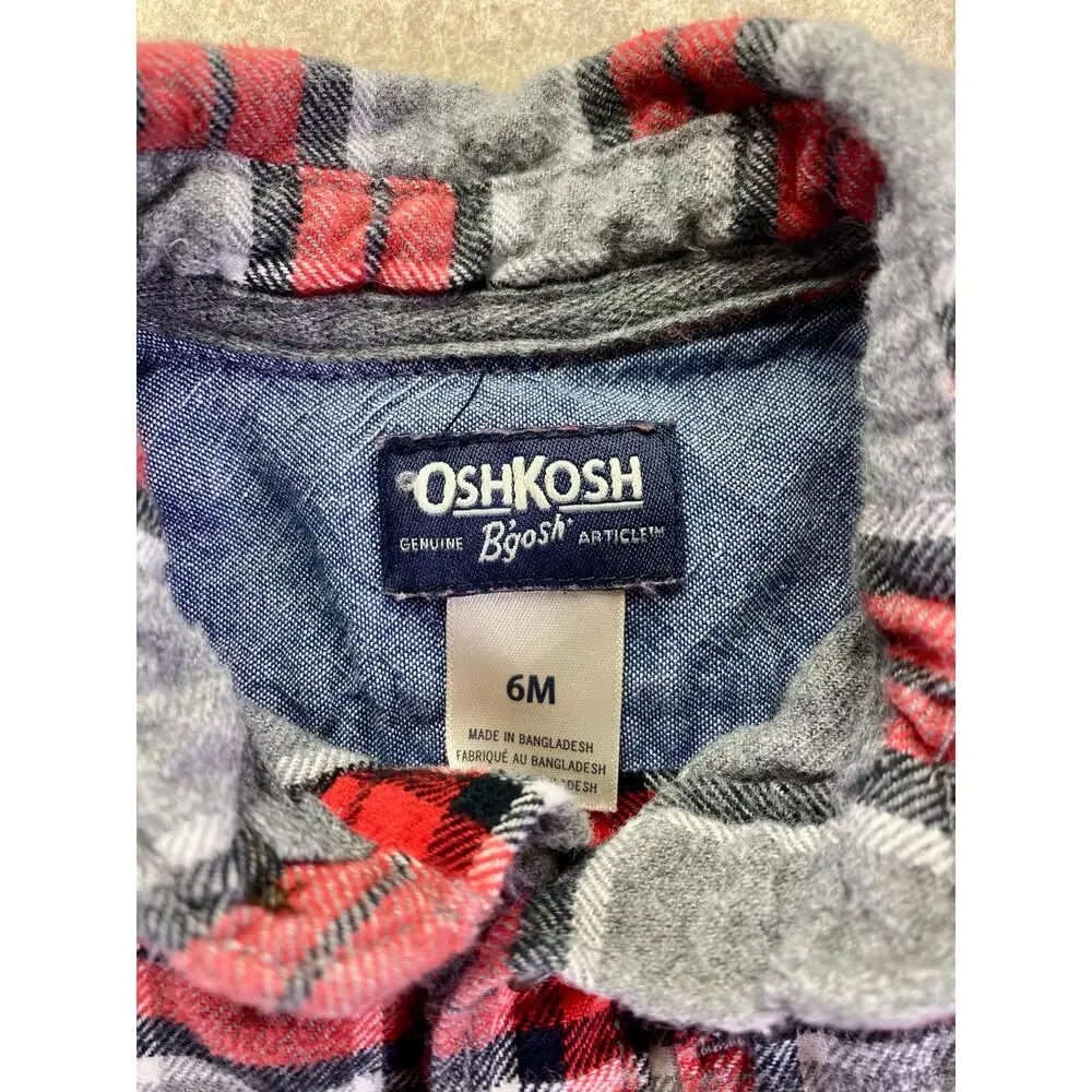 OshKosh B'Gosh 100% Cotton Red and Gray Button Front Flannel Shirt Size 6 Months